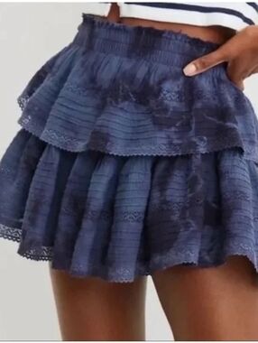 Aerie Rock 'n' Ruffle Mini Skirt • Smocked Navy Tie-dye Wash • Size Medium